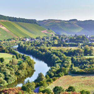 Fluss mit grünen Hügeln und Weinbergen im Sommer.